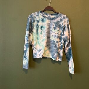ROXY Blue Green Tie Dye Long Sleeve Pocket Fleece Tee Size XS